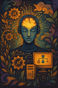 Visuel mêlant IA, méditation et engrenages dans un style art nouveau.