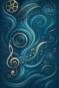 Notes musicales et pellicule de film dans des tourbillons bleus.