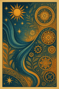 Composition cosmique avec soleil, étoiles, engrenages et motifs naturels.