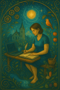 Femme écrivant dans un décor naturel avec église et laptop.
