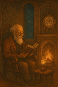 Homme âgé lisant près d’une cheminée dans une ambiance douce.