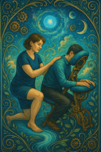 Massage Amma sur un siège sur ton bleu. Sur un fond steampunk et New art