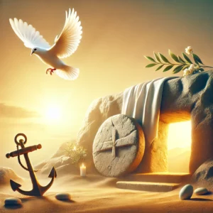 Tombeau vide du Christ au lever du soleil avec pierre roulée, étoffe blanche, colombe en vol, ancre, bougie et branche d’olivier, symboles de résurrection, paix et espérance chrétienne.